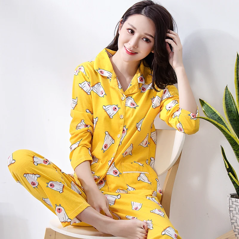 

Autumn 100% Cotton Two Piece Sets Long Sleeved Pajamas Floral Sleepwear Girl Pyjamas Elegant Pajama Sets Mujer Lady Casual 3XL