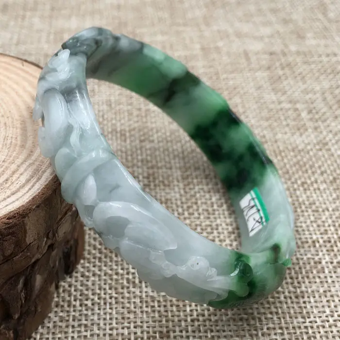 

A-223 Beautiful Hand-carved Emerald Green Jadeite Jade Gems Bracelet Bangle 56mm