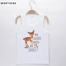 

LUCKY ROLL My Aunt Loves Me Cartoon Deer Print 2018 New Fashion Cotton Children Tank Tops White Round Neck Kids Summer Camisoles