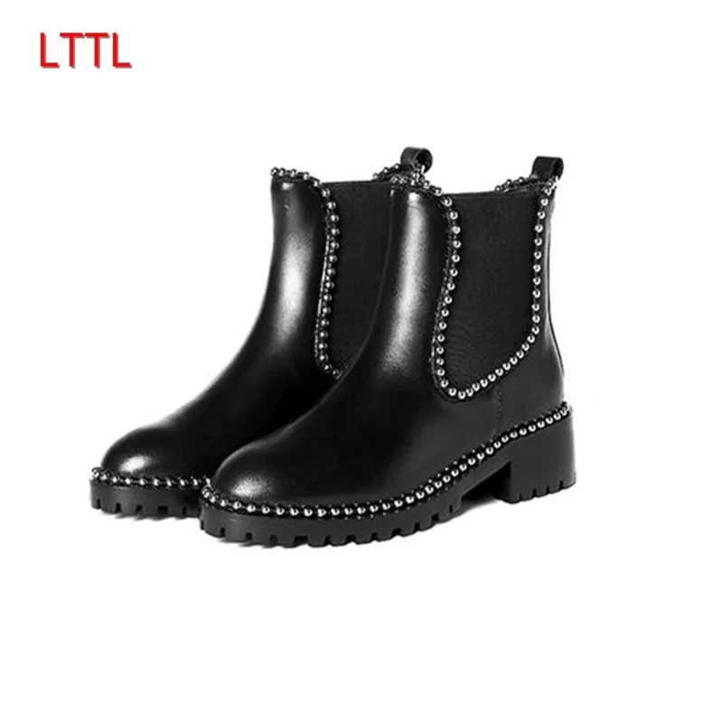 

European Style Runway Thick Heel With Rivet Ankle Boots Stretch Elastic Round Toe Short Booties For Women