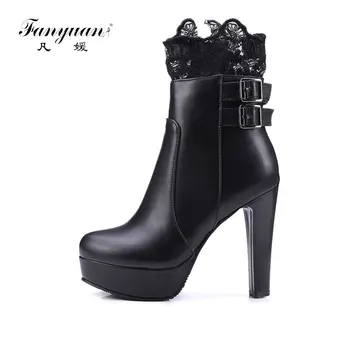 

Fanyuan 2018 New Women Boots Fashion PU Leather Round Toe Ankle Boots Sexy Lace Ladies High Heels Platform Shoes Woman