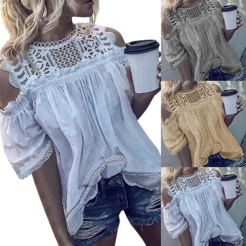 انفجار نماذج السيدات جولة الرقبة الكتف الجوف بلوزة قبالة الكتف الدانتيل السيدات كم قميص Femininas الملابس جديد