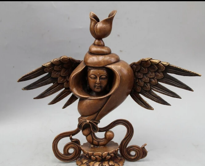

xd 002172 9" Chinese Buddhism Pure Bronze conch Kwan-yin Guan Yin Goddess Poseidon Statue
