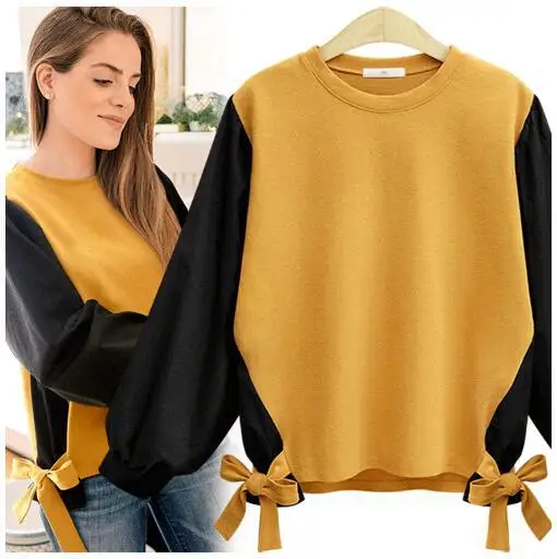 L-4xl Plus Size Cotton Blusas Kimono Women Autumn Winter Patchwork Lace-up Bow Blouses Europe Loose Female Shrit Tops New - Цвет: yellow