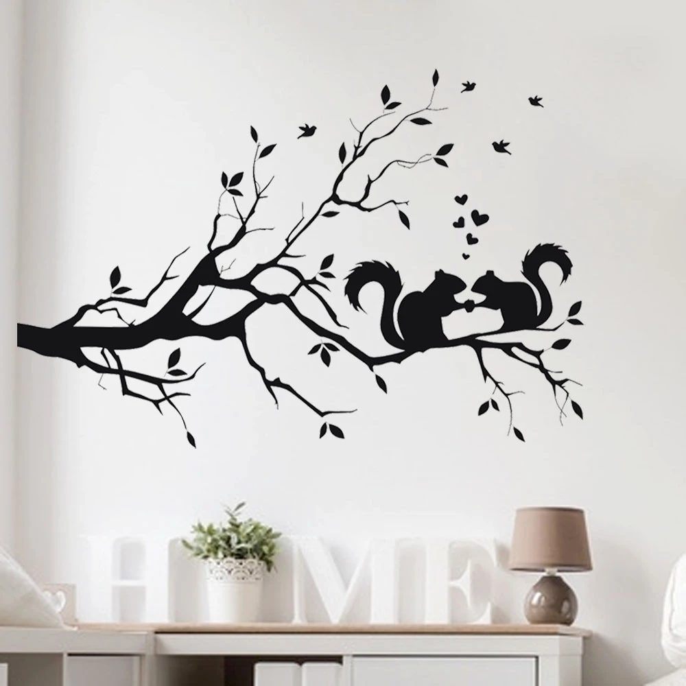 Lovely Squirrel On Long Tree Branch Wall Sticker 3D Art for Kid Room Home Decor