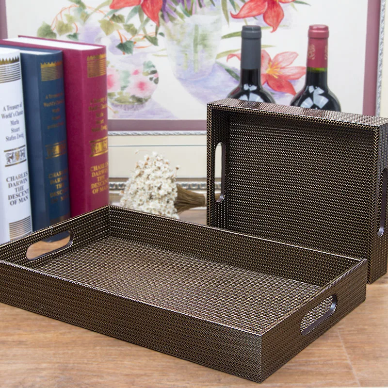 Europe Luxury serving tray home storage tray wooden PU leather hotel vintage fruit snack jewelry