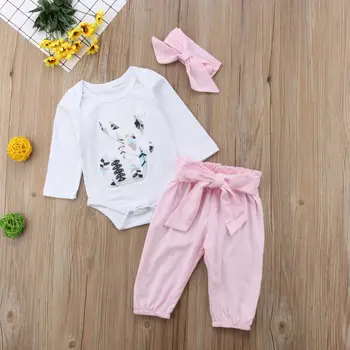 

3pcs Baby Girl Infant Rabbit Printing Romper Tops And Bowknot Pants Outfits Set