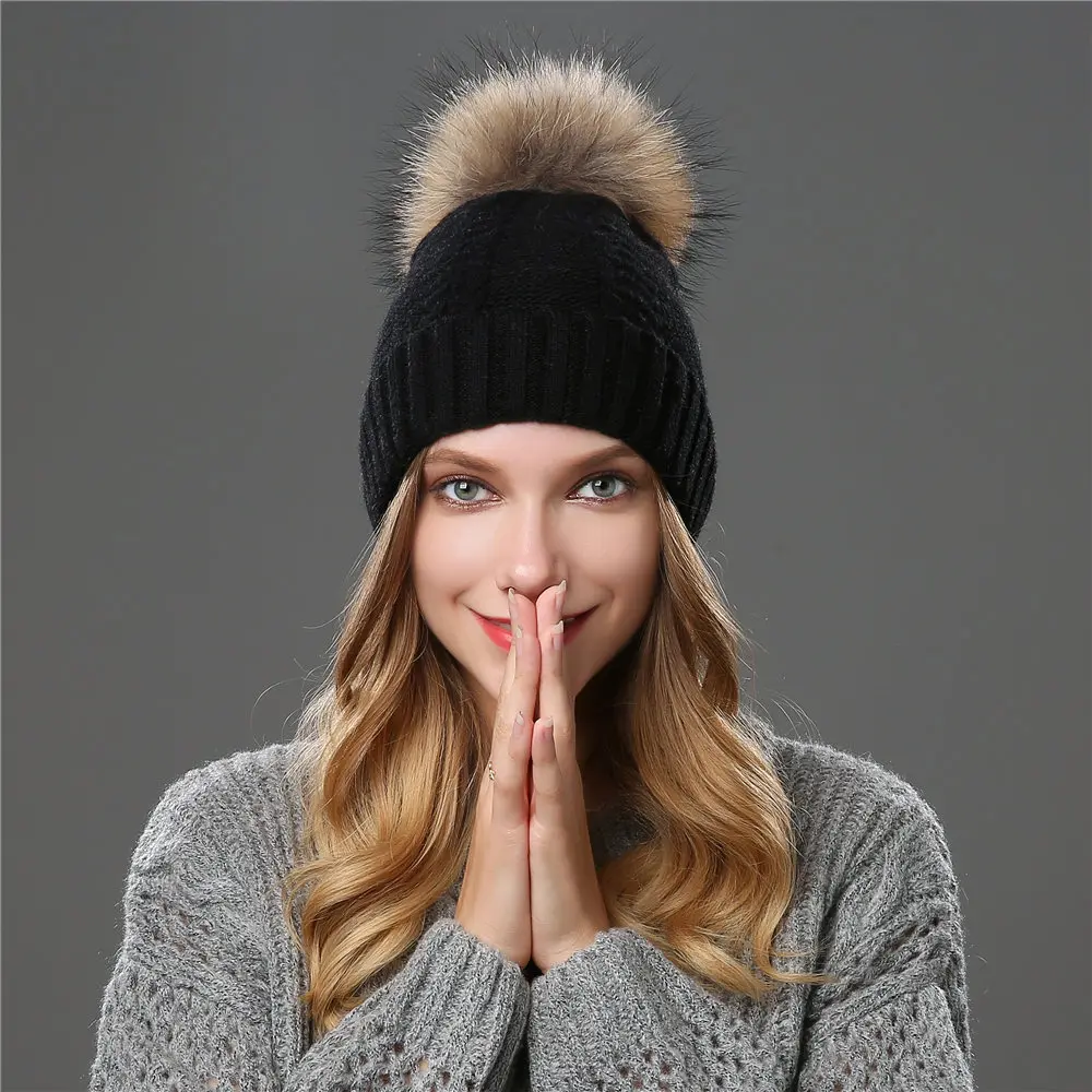 Beanie Women Winter Hat Warm Wool Knit Cap Raccoon Pom Pom Headwear Soft Autumn Casual Outdoor Ski Skullies Snow Accessory (7)