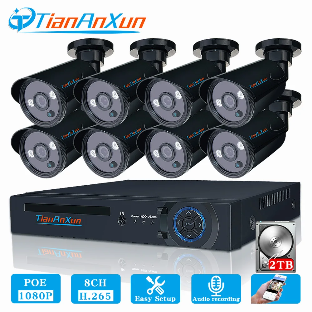 

Tiananxun Video Surveillance poe ip camera kit 8CH CCTV Security System 1080P H.265 Home Outdoor Audio Record 2MP Camera NVR set