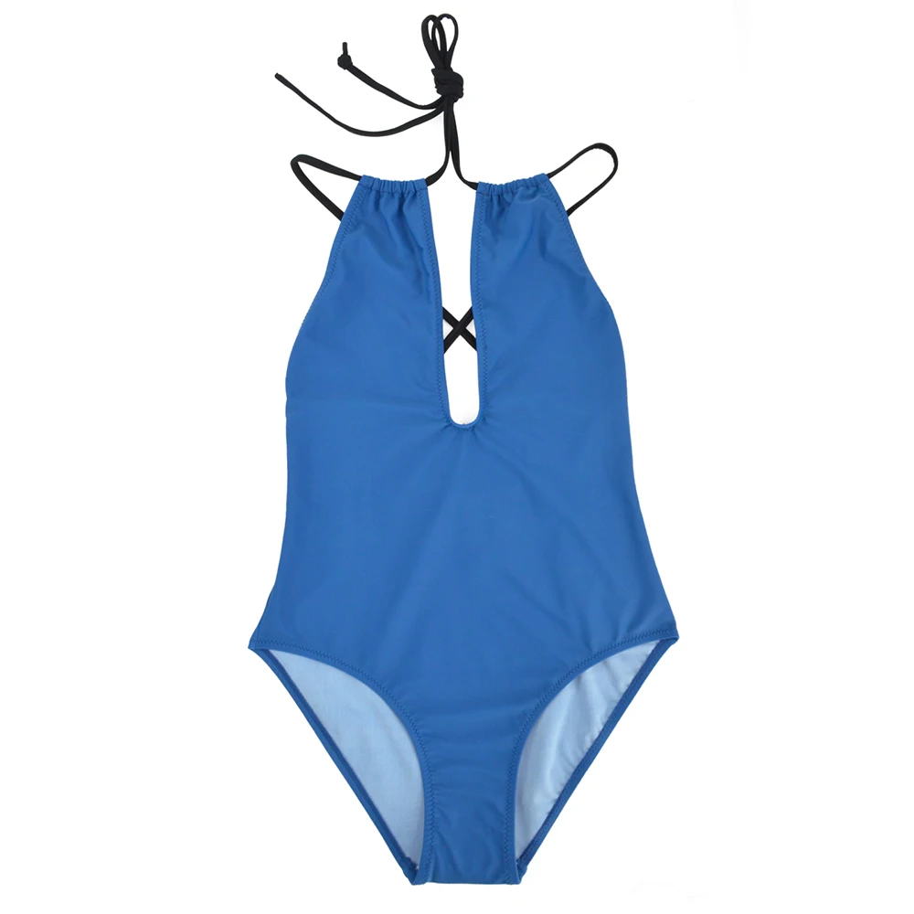 2018 Глубокий V цельный купальник женский Maillot De Bain Femme Синий боди купальный костюм