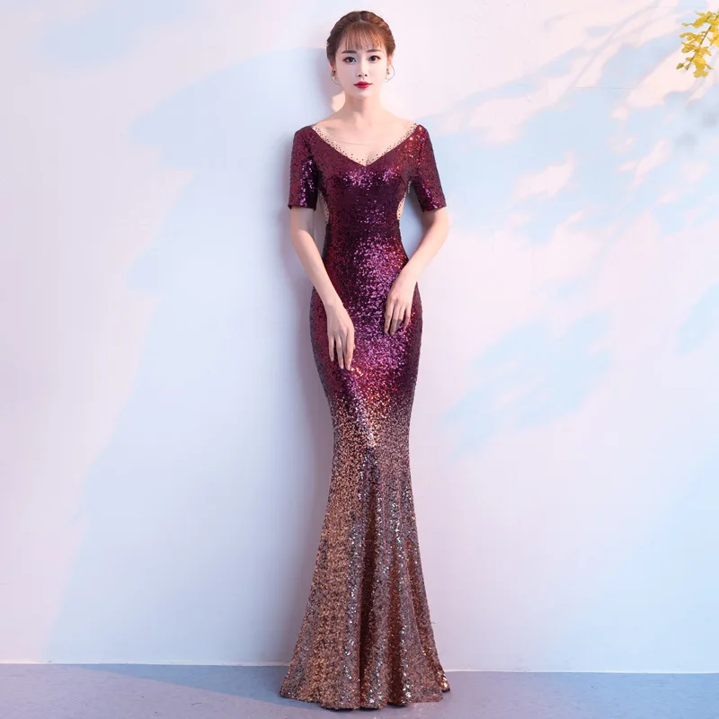 Sexy Backless Evening Dress Elegant Gradient Sequins Long Mermaid | Свадьбы и торжества