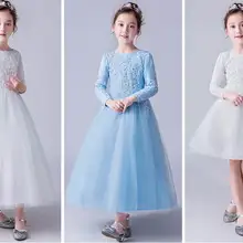 Вечерние платья для девочек, с вышивкой, белого и синего цвета, с длинными рукавами, для детей, для дня рождения, бальное платье для детей 4-13 лет, J9811