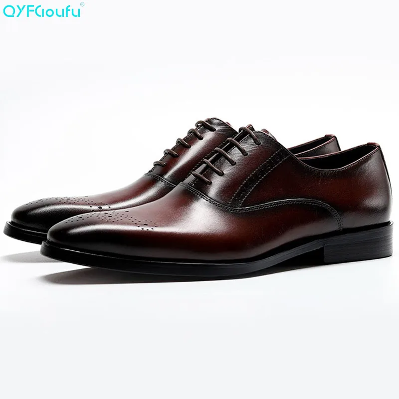 

QYFCIOUFU Genuine Cow Leather Wedding Shoes Man Fashion Carving Dress Shoes Oxfords Black Red Wine Lace-up Italian Brand Shoes