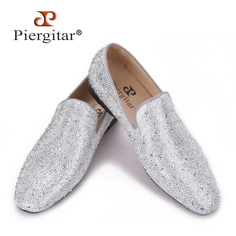 Piergitar 2018 New Style Genuine Leather Men Loafers with Silver Rhinestone Fashion Party and Banquet men's casual shoes slip-on