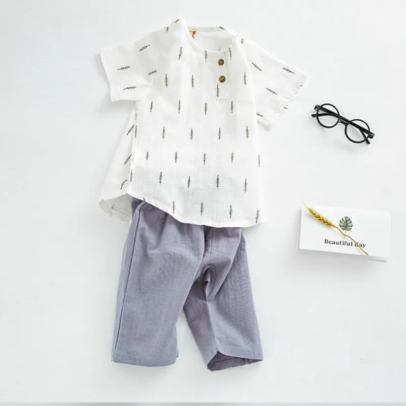 COOTELILI Cotton Linen Toddler Boys Summer Clothing Children Sets Short Sleeve T-shirt+ Pants Girls Clothing Sets 80-120cm (2)