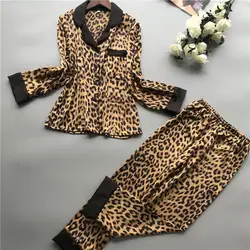 2019 для женщин пижамы наборы для ухода за кожей с брюки девочек шелк Домашняя одежда Атлас Леопардовый принт, сексуальный Pijama Пижама