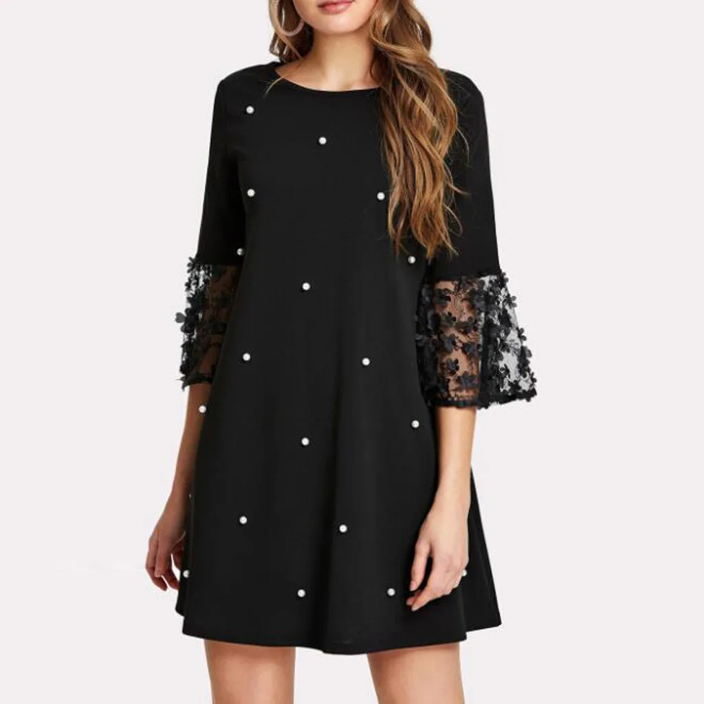 

2019 New Summer Women dress feitong brand Sexy Wave Solid Point O-Neck Spliced Hollow Out Long Sleeve