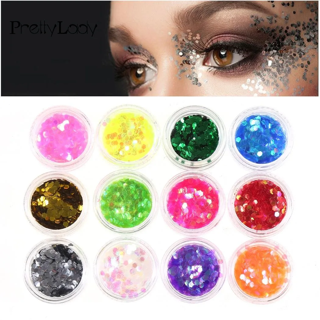 

FOCALLURE 12 Bottle Eye Art Glitter Sets 3D Eye Flake Hexagon Paillette Shape Designs Eye Makeup Neon Charm Sequin Tools 7