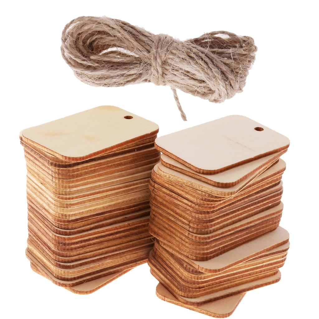 50 Pieces Wooden Rectangle Craft Shape Tag Embellishment for Craft with Rope Unfinished Wood Cutout Chips for Pieces Arts