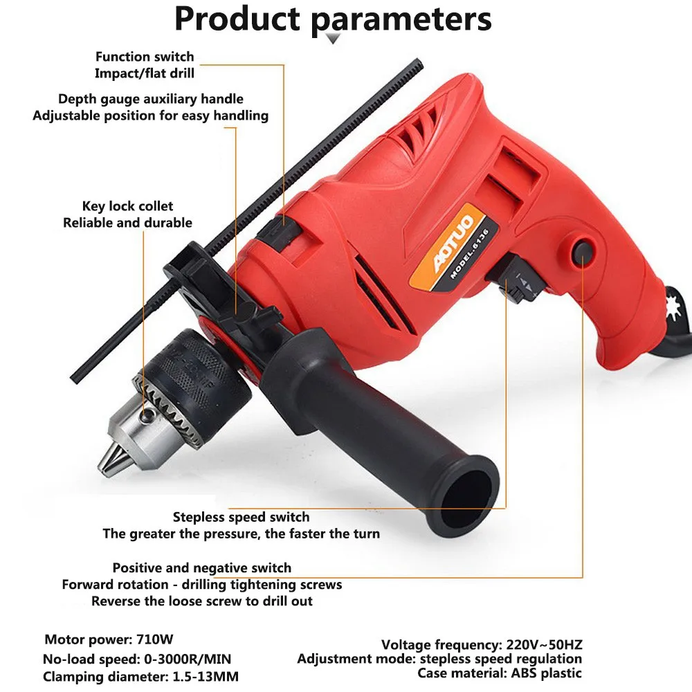 

710W Electric Drill Hammer Impact Drill Multi-function Adjustable Speed 220v Household Pistol Drill Multi-function Power Tools