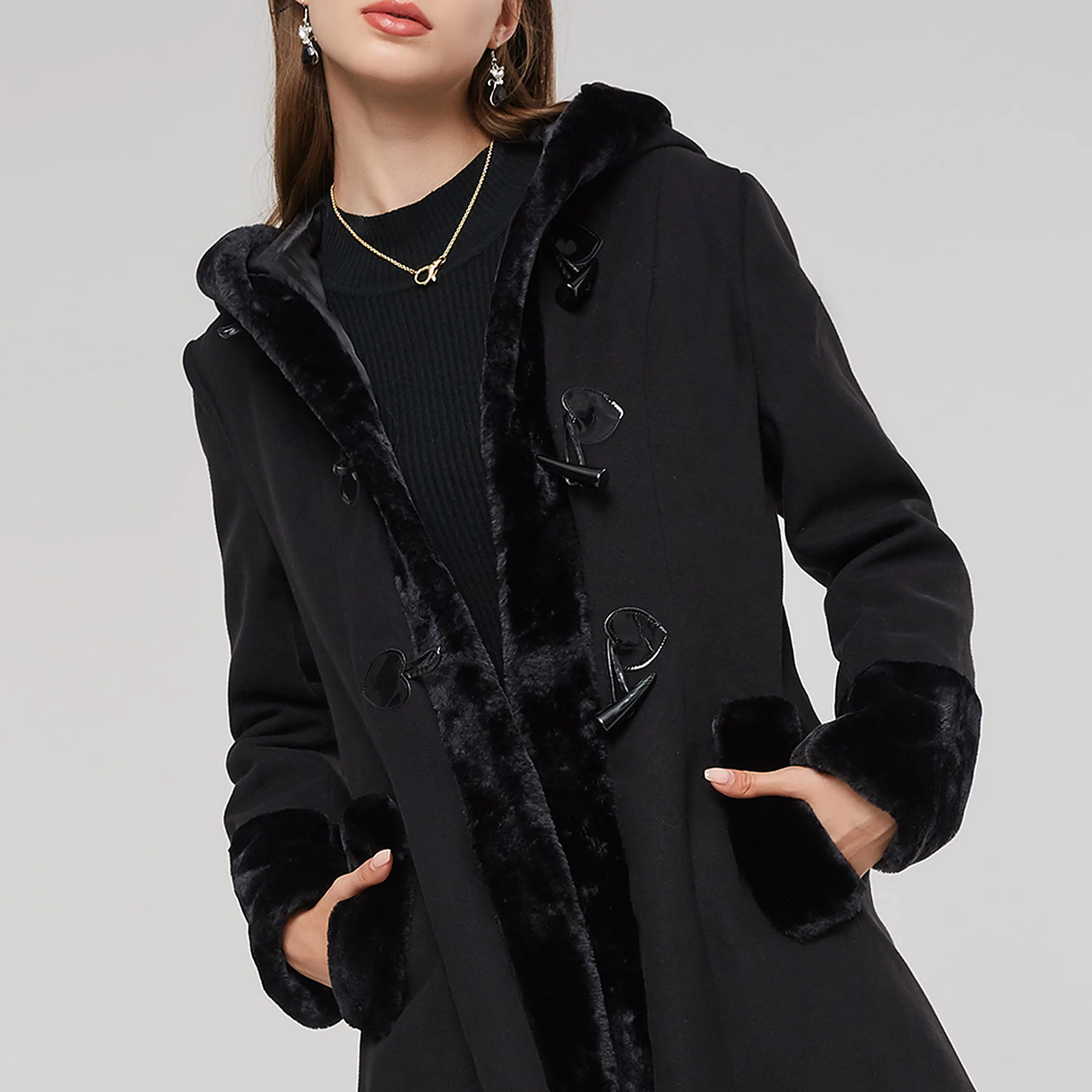 Готический Винтаж женский, черный с капюшоном зимнее шерстяное пальто длинный рукав осень, для женщин Длинная Верхняя одежда на шнуровке теплая Повседневная Ретро пальто