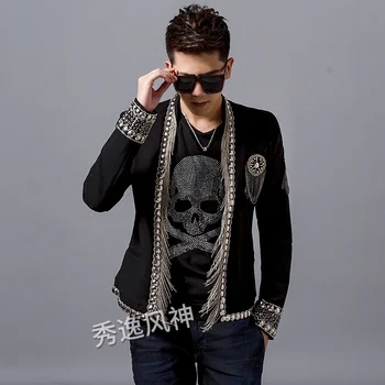 

100%real luxury men tassels collar beading black vintage U.K wind event/short tuxedo jacket/stage performance/ASIA SIZE