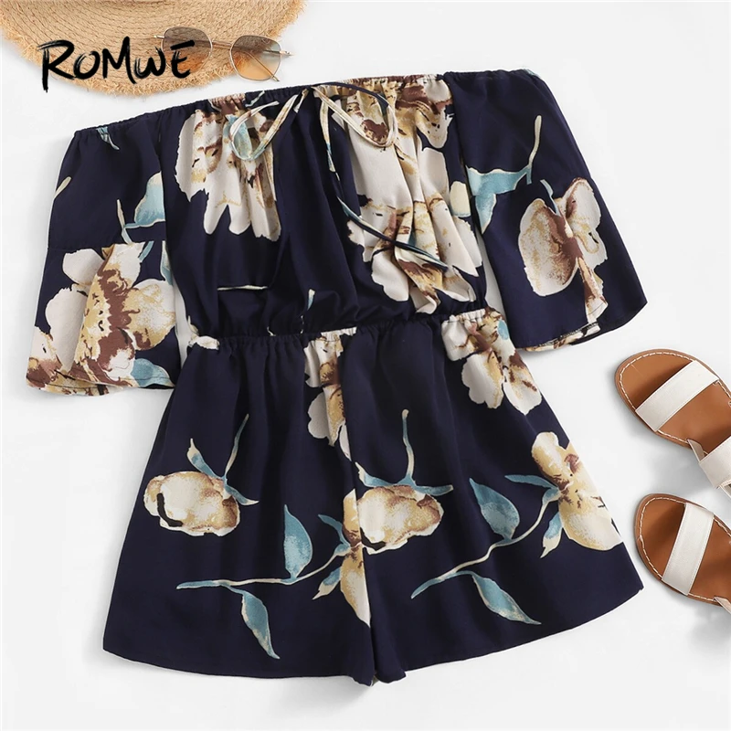 

ROMWE Navy Floral Print Tie Neck Off The Shoulder Playsuit Women Summer 2019 Beach Short Sleeve Boho Streetwear Short Rompers