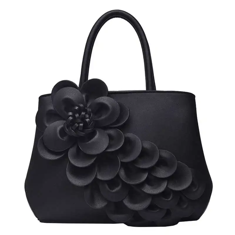 

Pu Leather Luxury Women Tote Shoulder Bag Flower Handbags Female Designer Messenger Bag Beach Bag Women Summer(Black)