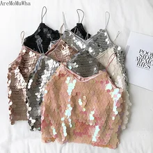 AreMoMuWha блесток v-образным вырезом Топы на бретельках Для женщин весной и новые летние Ночной клуб ветер без рукавов одежда короткий жилет сексуальный топ QX575