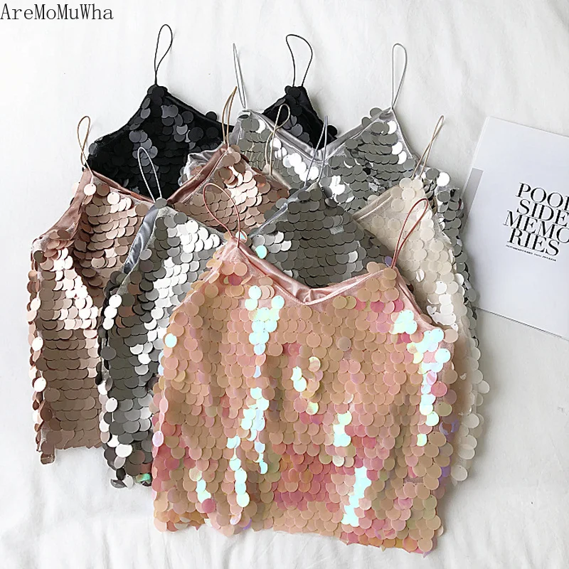 

AreMoMuWha Sequin V-neck Sling Tops Women 2019 Spring and Summer New Nightclub Wind Sleeveless Wear Short Vest Sexy Top QX575