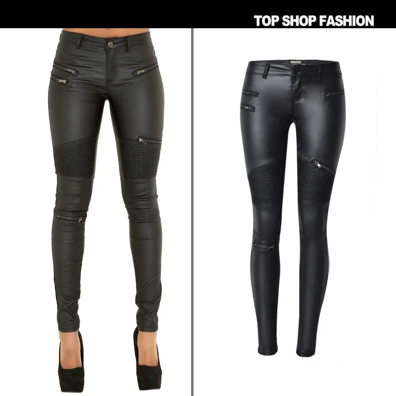 Women fashion imitation leather multi zippers skinny jeans pantalon