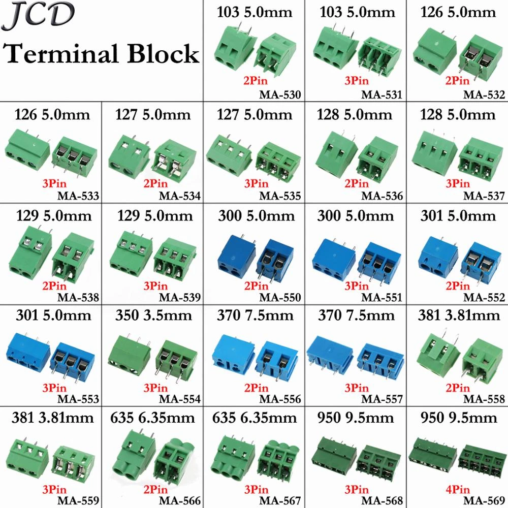 Jcd Pitch 5 0 3 5 7 5 3 81 6 35 9 5mm Straight Pin 2p 3p 4pin Screw Pcb Terminal Block Connector Blue Green Computer Cables Connectors Aliexpress