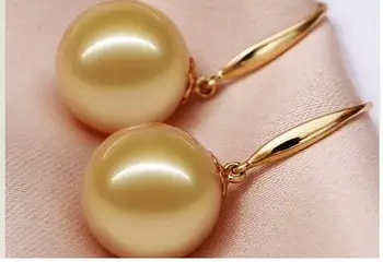 

Beautiful a pair 10-11mm AAA south sea round gold pearl dangle earrings14k