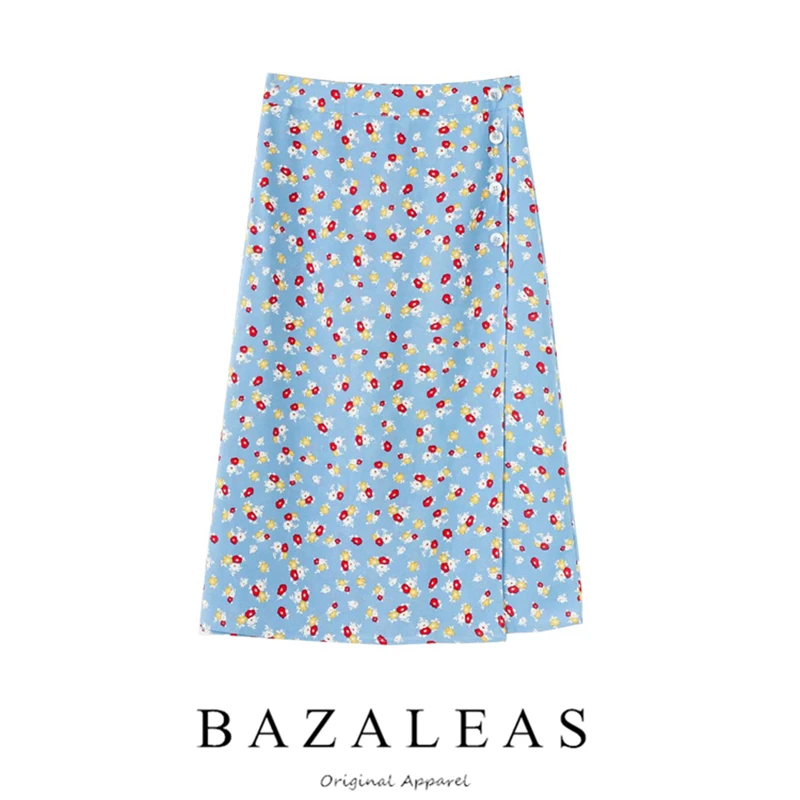 Bazaleas, шикарные синие юбки с цветочным принтом, винтажная юбка миди с запахом, на талии, пуговицы, женские юбки с высокой талией, Прямая поставка