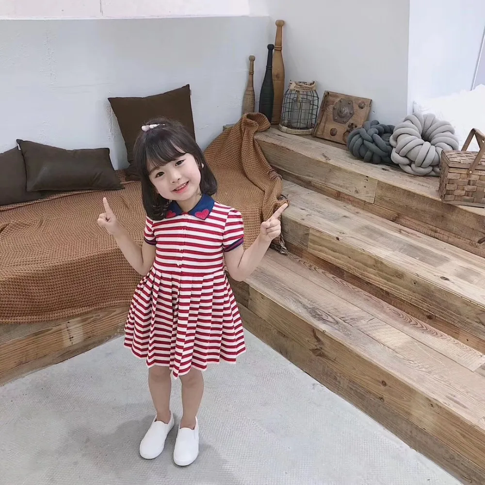 

Girls summer dresses turn-down collar lovely red white striped girls dress size 90-150
