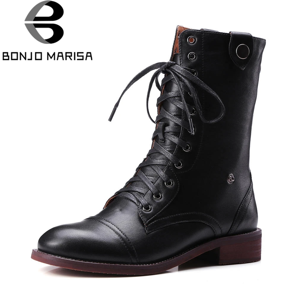

BONJOMARISA 2019 Spring Autumn Black Platform Ankle Motorcycle Boots Women Genuine Leather lace-up Shoes Woman Low Heel 3 Cm