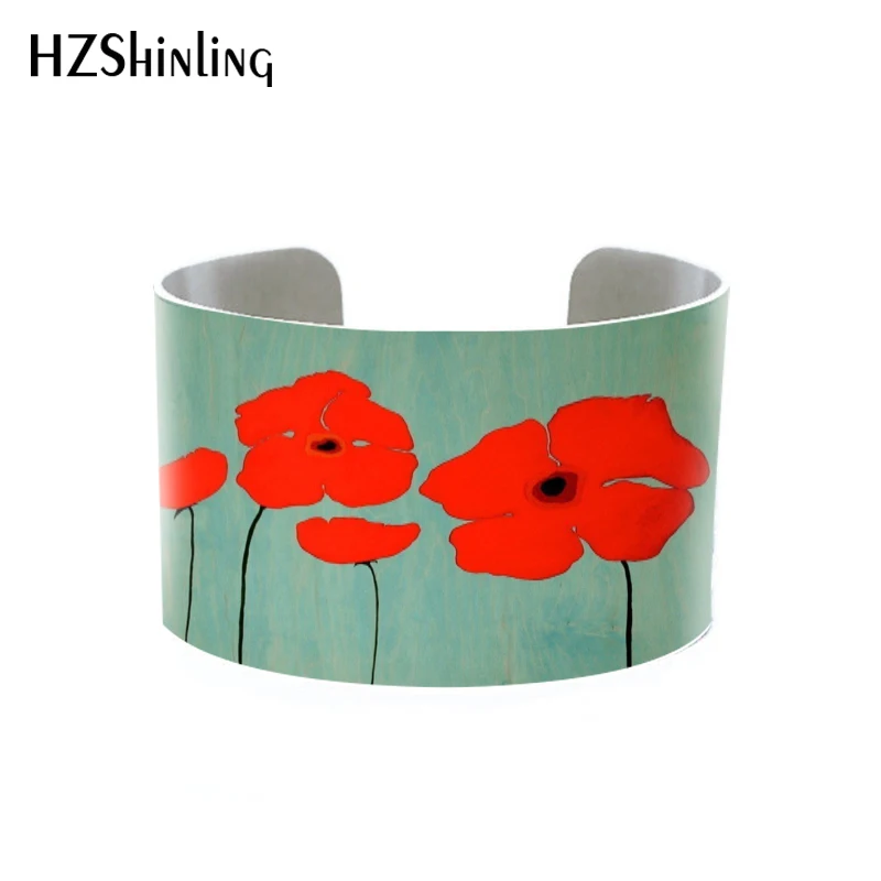 

2018 Trendy Red Poppy Jewelry Botanical Cuff Bracelet Brushed Silver Bangle with Red Flowers Rememberance Veterans Day Gifts
