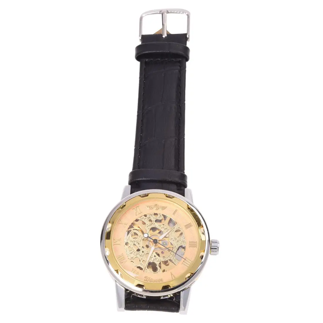 

Practical Hot Mechanical Analog Skeleton Golden Dial Mens Sport Leather Wrist Watch Gift