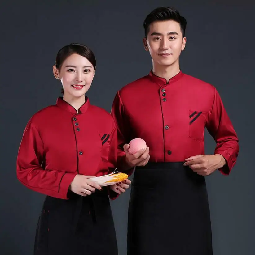 Red long sleeve Унисекс, куртка шеф-повара, рубашки, одежда для отеля, длинная/Униформа с короткими рукавами, ресторанная официантка, ресторанная пекарня, кухонная Рабочая одежда - Цвет: Red long sleeve
