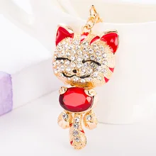Lucky Smile Cat Crystal Rhinestone Keyrings Key Chains Holder Purse Bag For Car Gift Keychains Jewelry llaveros Fo-K016-red