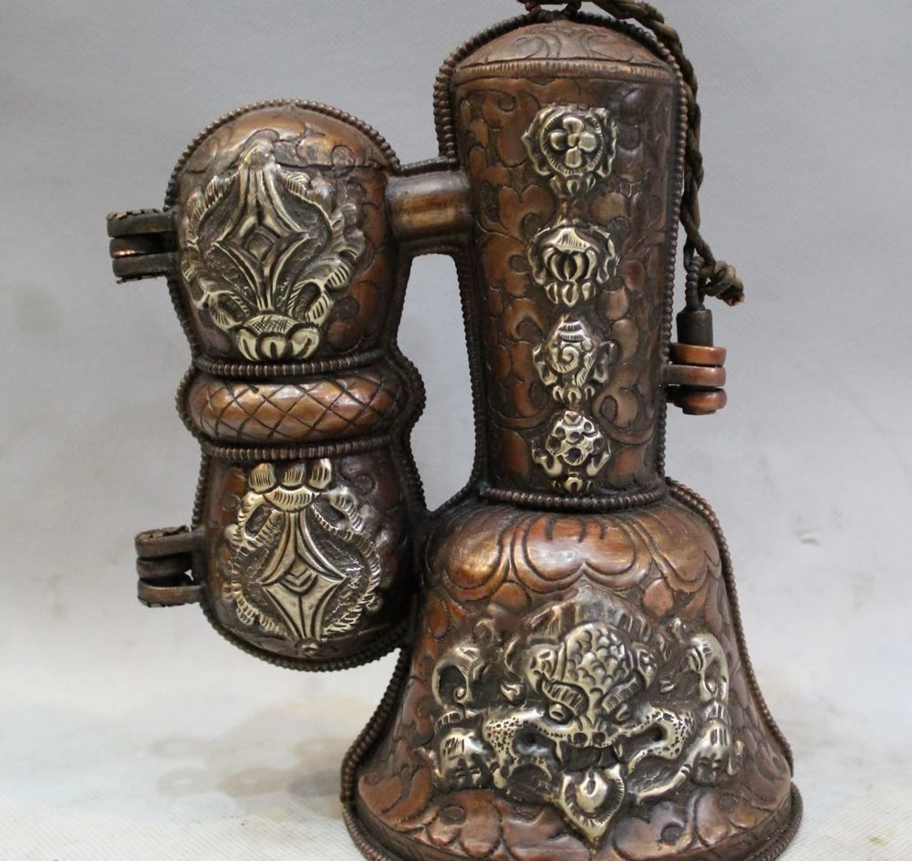 

8" Tibet Temple Bronze Exorcise evil spirits Dorje Vajra Bell & Holder Box
