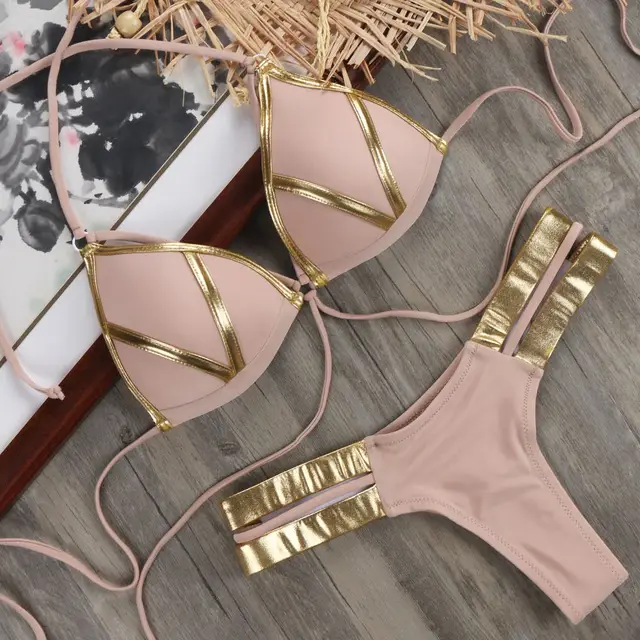 Summer Beachwear Stamping Sparkle Swimsuit Sexy Bikini Women 2018 Pink