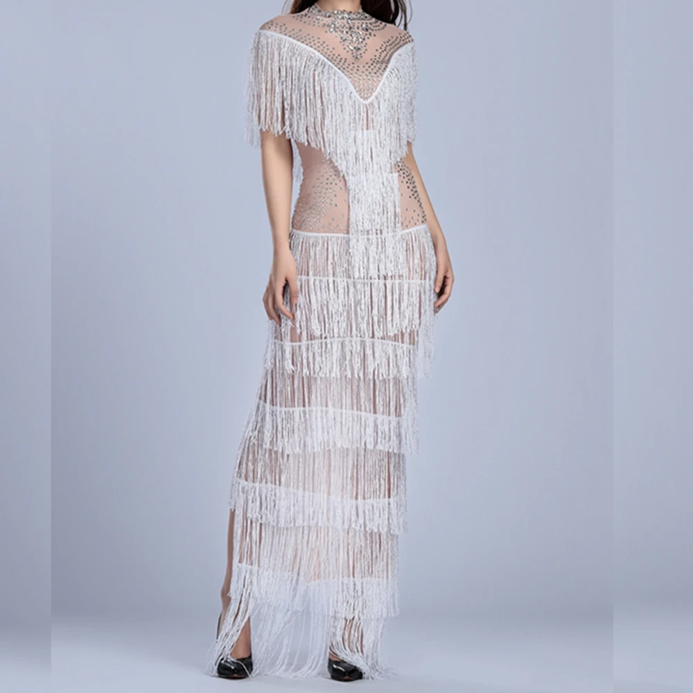 

2019 New Arrival White With Beige Tassel Long Celebrity Evening Party Mesh Dress Beads Fashion Short Sleeve Split Club Wholesale