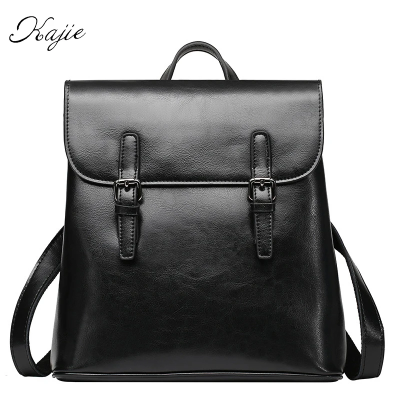 

Kajie New Woman Vintage Leather Women Backpacks Solid Color Design Zipper Belt High Quality Schoolbag Fashion School Bagpack