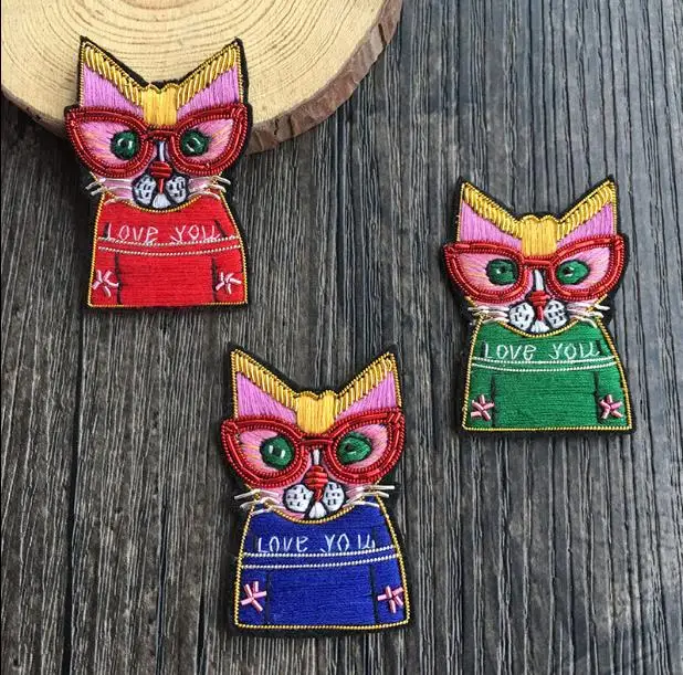 Hand-Made Glasses Cat Indian Silk Emboridered Patch Brooch Applique Patches Vintage Embroidered Badge Fashion Clothing Decor | Дом и сад