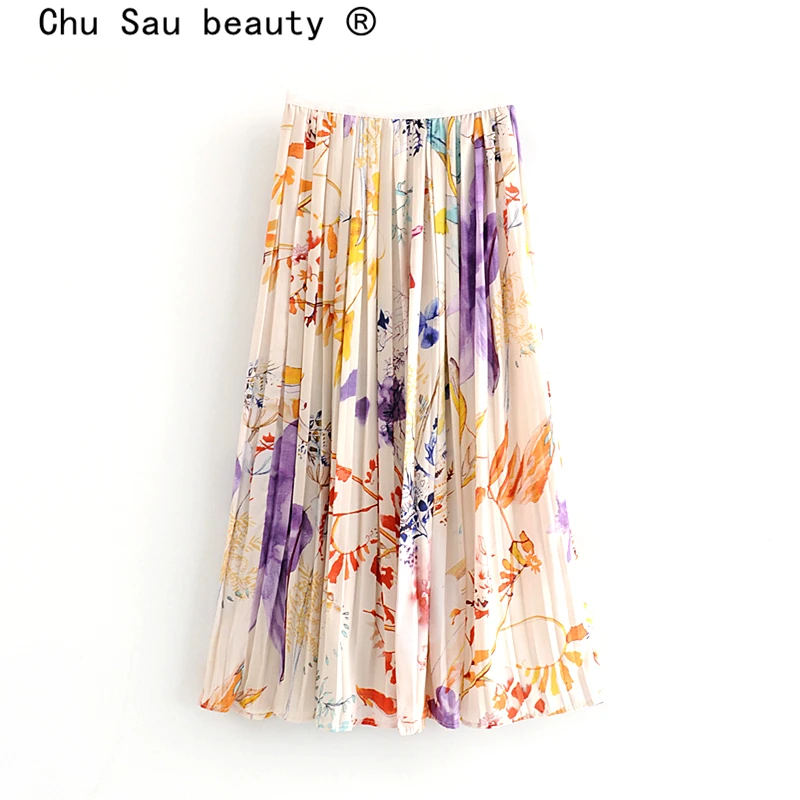 

Chu Sau beauty Sweet Style Vintage Multicolour Floral Printed Long Skirt Women New Holiday Pleated Beach Skirts Vestidos Mujer