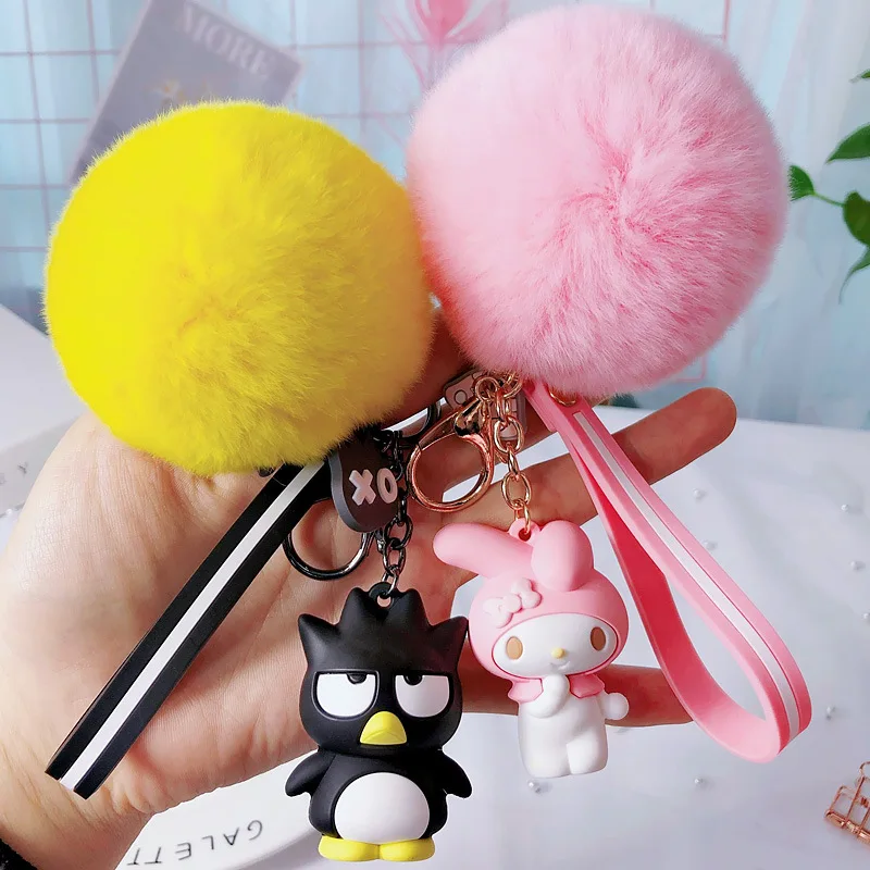 

anime My Melody Pudding Cinnamoroll Dog cat Fur Ball Keychain cute animals Plush KeyChain Bag charm Pendant Keyring for Girls