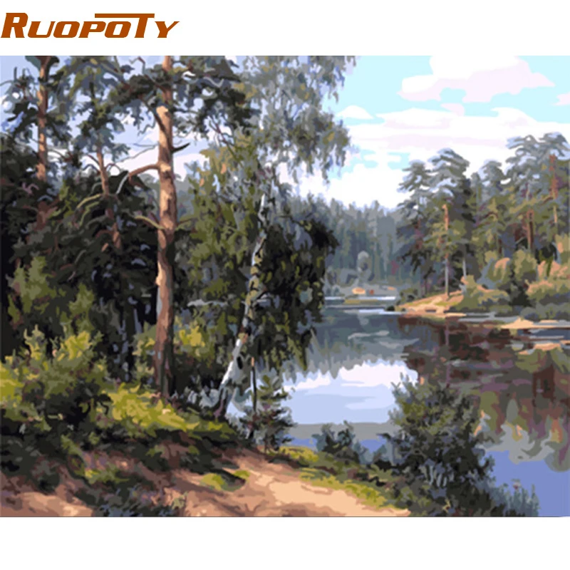 RUOPOTY рамка лес река DIY живопись по номерам пейзаж каллиграфия живопись Акриловая Краска на холсте для настенного искусства картина|Рисование и каллиграфия| | АлиЭкспресс
