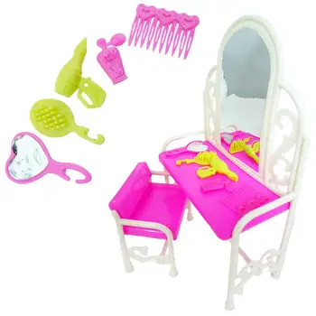 

1x Pink Princess Doll Fashion Hollow Bedroom Furniture Dresser Dressing Table Chair Mirror Accessories for Barbie Doll Kid Toy