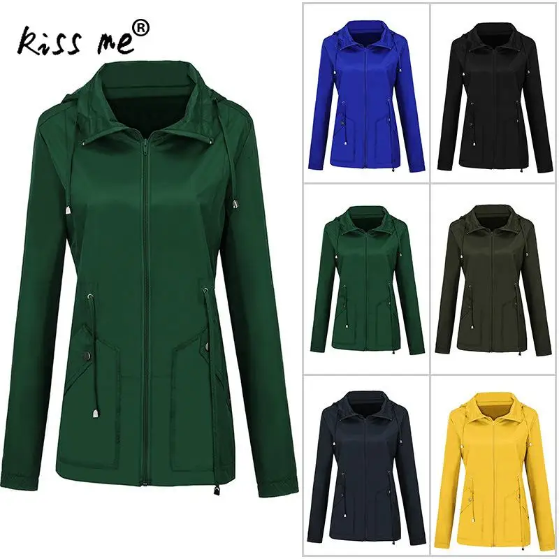 

Solid Women Trench Coat Windproof Camping Jacket Windproof Hiking Jacket With Siamese Cap Plus Size Spring Outdoor Sport Coat